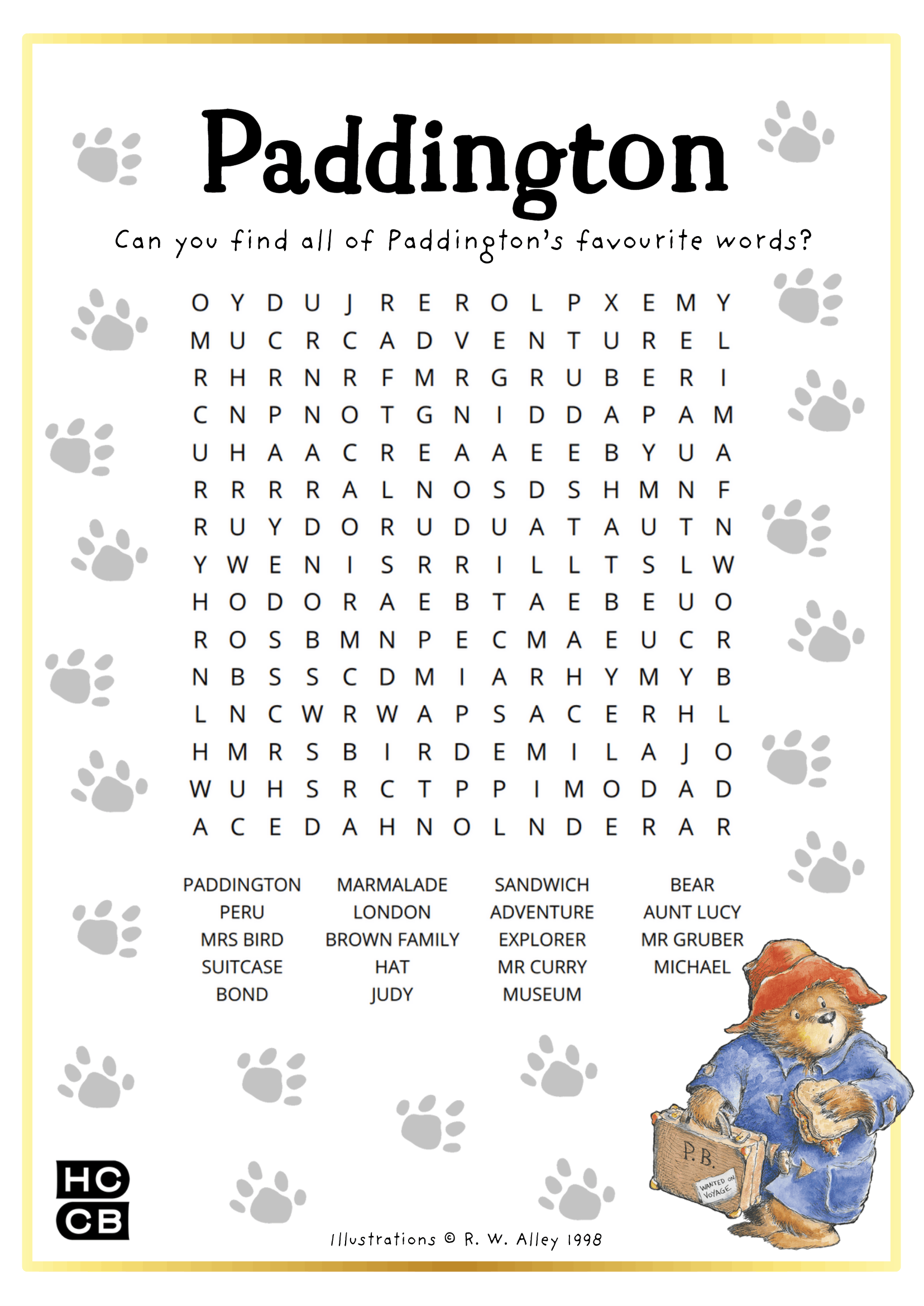 Free printable Paddington wordsearch activity sheet.